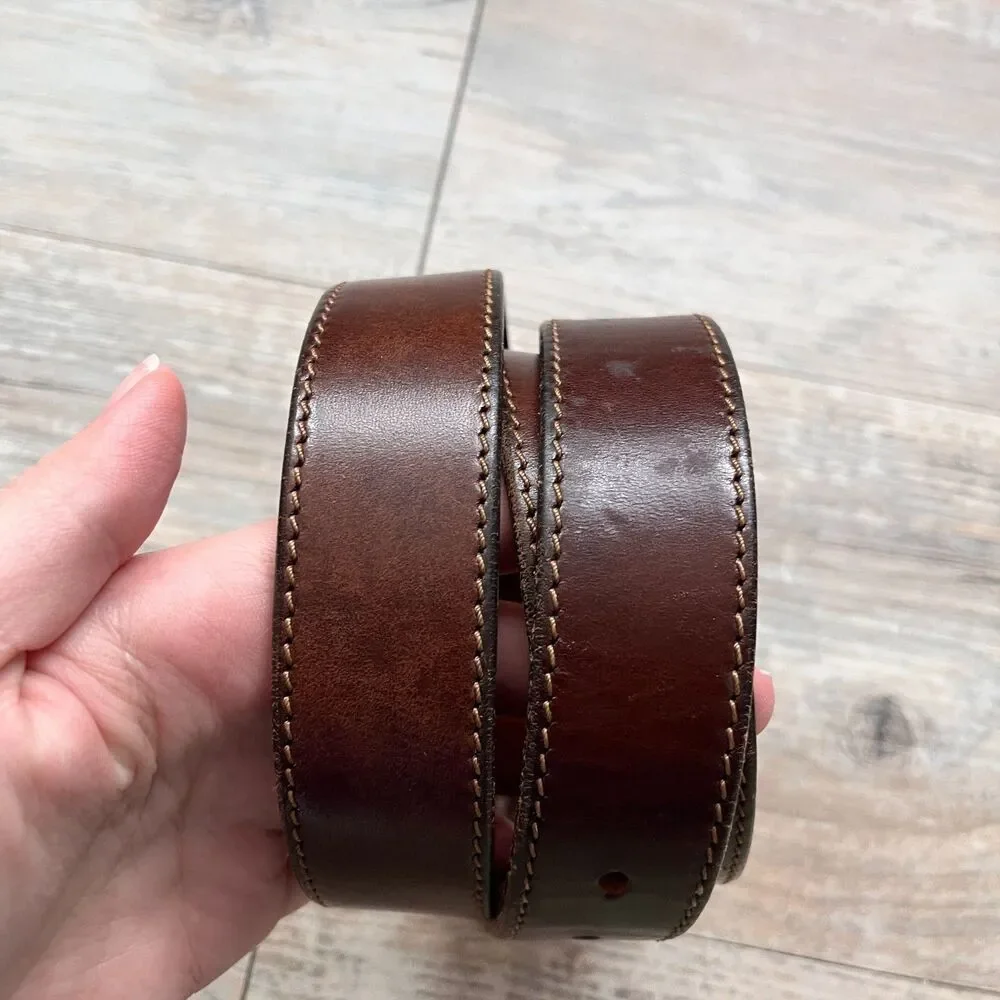Eddie Bauer Brown Leather Belt Size 38 Brass Buckle Classic Casual Gold Stitch
